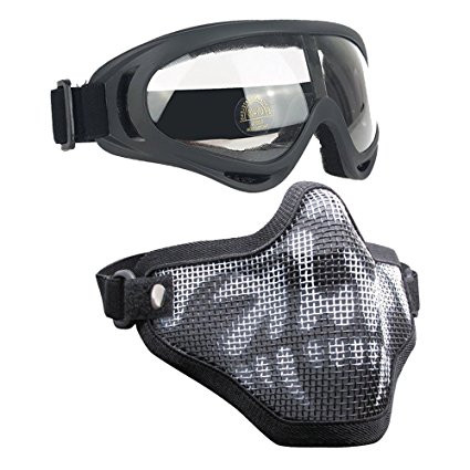 Infityle Airsoft Masks - Adjustable Half Metal Steel Mesh Face Mask And UV400 Goggles Set For Hunting, Paintball, Shooting