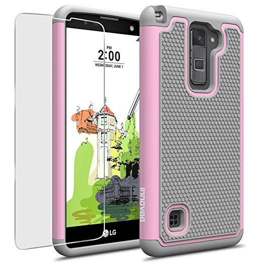 LG Stylus 2 Plus / Stylo 2 Plus / K530 / MS550 Case, INNOVAA Smart Grid Defender Armor Case (Not Compatible with LG Stylus 2 / LS775 / K520) W/ Free Screen Protector & Stylus Pen - Grey/Light Pink