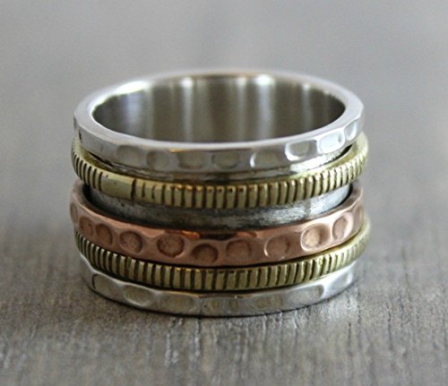 Sterling Silver Mixed Metals Brass Copper Bohemian Spinning Fidget Ring - Size 8