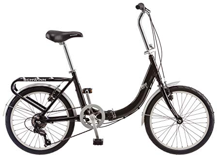 Schwinn Loop Folding Bicycle, Featuring Front and Rear Fenders, Rear Carry Rack, and Kickstand with 7-Speed Drivetrain, Includes Nylon Carrying Bag, 20-Inch Wheels, Black