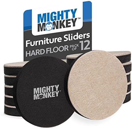 Mighty Monkey Furniture Sliders, 12 Pack, Felt for Hard Floor Surfaces Moving Kit, Chair Leg Floor Protectors, Soft Coaster Pads Help Easily Move Couches, Sofa, Heavy Large Furniture Mover Gliders