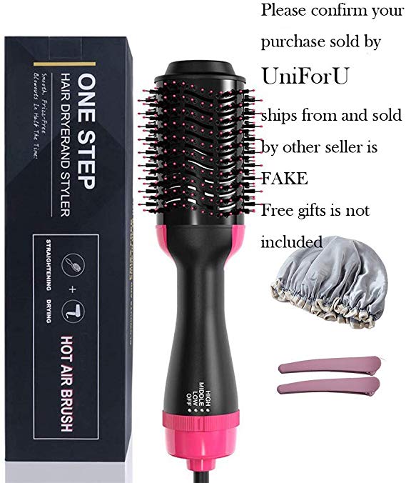 UniForU Hair Dryer Brush One Step Hair Dryer & Volumizer Multi-functional Hair Straightener & Curler Brush 3-in-1 Negative Ion Styling Hot Air Brush Comb with Shower Cap & 2 Hair Clips