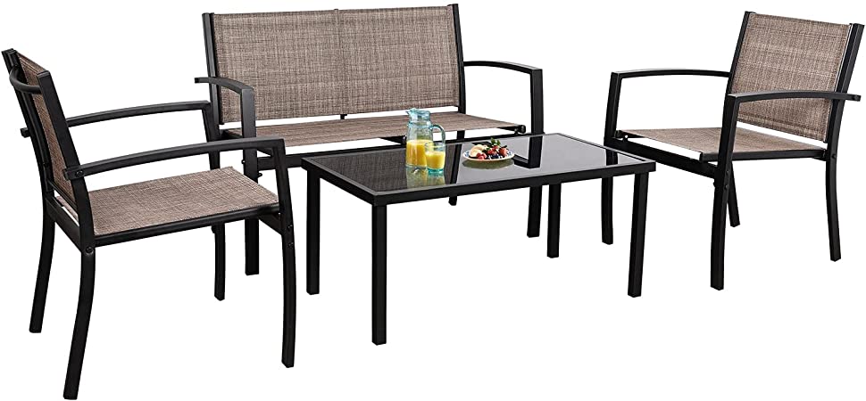 Flamaker 4 Pieces Patio Furniture Outdoor furniture Outdoor Patio Furniture Set Textilene Bistro Set Modern Conversation Set Black Bistro Set with Loveseat Tea Table for Home, Lawn and Balcony (Brown)