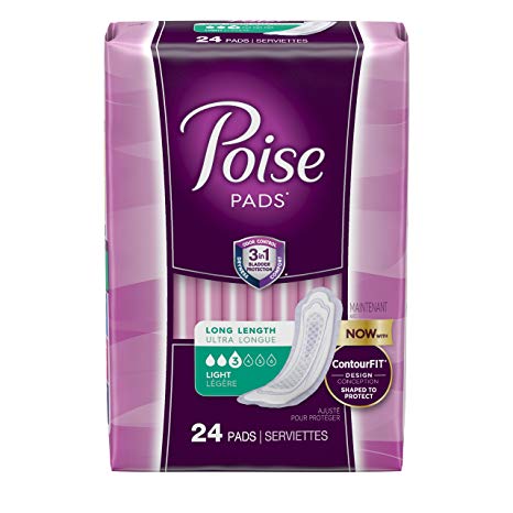 Poise Ultra-Thin Incontinence Pads, Light Absorbency, Long, 4 Packs of 24 Pads, 96 Count Total