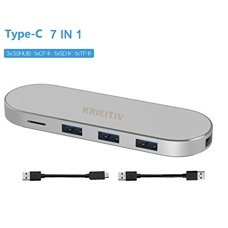 KRIEITIV USB C Hub, Type C 3.1 Adapater For MacBook Air & MacBook Pro 7 In 1 With 3 USB 3.0 Ports ,TF Card Reader,SD Card Reader,CF Card Reader -Silver