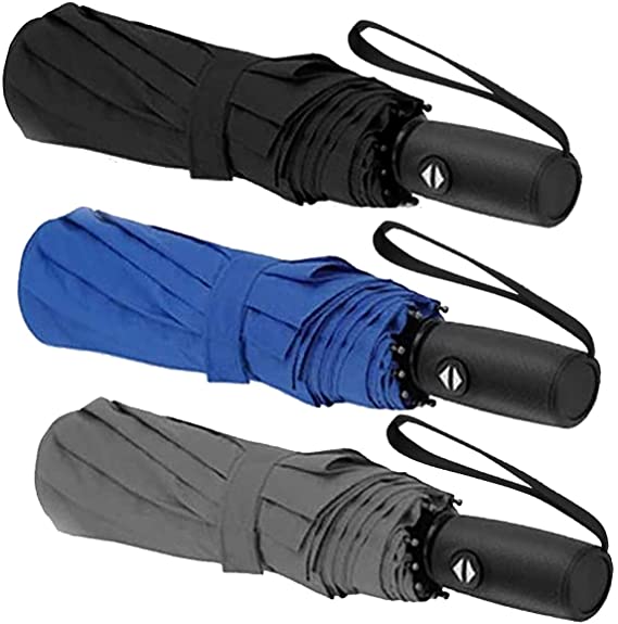3 Pack Compact Travel Umbrellas Rain Windproof Auto Open Collapsible Folding Portable (Edition 1 - Black, Grey, Blue)