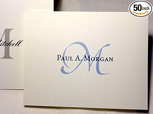 50 Personalized Note Cards with Initial Plus Full Name and Matching Envelopes. Choose Large Script Initial in Blue or Block Initial in Grey/Black. Blank inside.