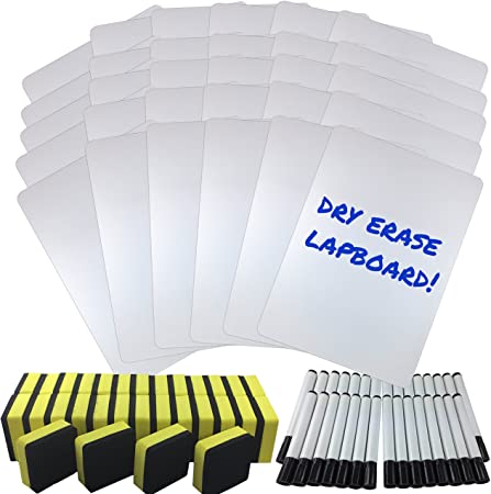 Dry Erase Lapboard Classroom Kit, Set of 30 Whiteboards, Black Dry Erase Markers and 2'' x 2'' Erasers