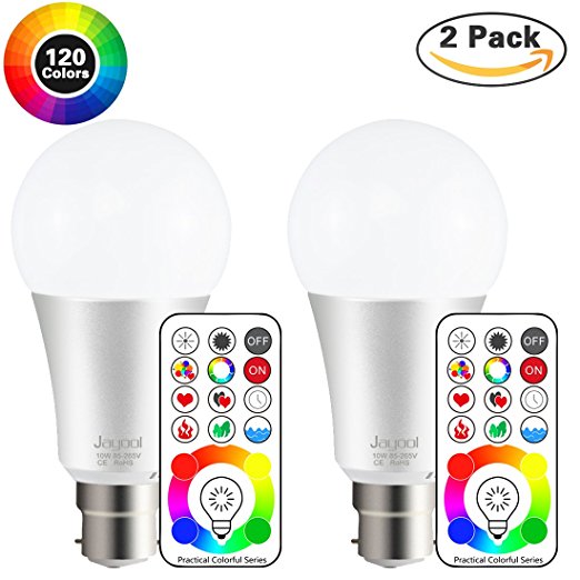 Jayool®10W B22 120 Colours LED Colour Changing Light Bulb With Remote Control, A60 Bayonet Colour Light Bulb,Timing, RGB Daylight(6500K)--The 3rd Generation (2 Pack)