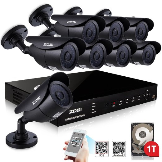 ZOSI Outdoor HD 720P 8CH DVR Surveillance Camera Security System - 8 x 1280TVL 1.0-Megapixel Weatherproof IP67 Day/Night Cameras, 120ft(40m) Night Vision, 1TB HDD,42pcs IR Leds,Metal Housing,3G/4G Smartphone View