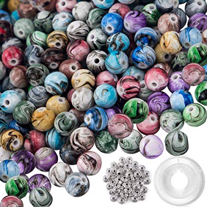 Quefe 500pcs 8mm Multi Color Acrylic Round Loose Beads in Ink Patterns with 50 Pcs Spacer Beads and 1 Roll Crystal String for Bracelets Jewelry Making (8mm)