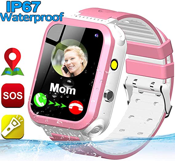 Smart Watch for Kids IP67 Waterproof Phone Watch GPS Tracker Boys Girls Smart Watches with Two Way Call Sim Card Slot Camera Flashlight SOS Alarm Clock Touch Screen Smartwatch Child Birthday Gifts