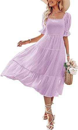 MEROKEETY Women's 2024 Summer Square Neck Puff Sleeve Boho Midi Dress Swiss Dot Ruffle Flowy Tie Back Dress