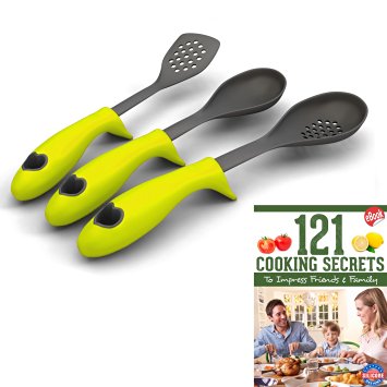 Kitchen Cooking Utensils with Built-in Stand Starter Set, Green, Set of 3 with Cooking Secrets Ebook