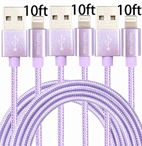 GOLDEN-NOOB 3Pack 10FT Nylon Braided Popular Lightning Cable 8Pin to USB Charging Cable Cord with Aluminum Heads for iPhone 7/7Plus, 6/6s/6 Plus/6s Plus/5/5c/5s/SE,iPad iPod Nano iPod Touch(purple)