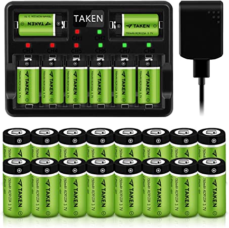 CR123A Rechargeable Batteries, Taken 3.7V 750mA Li-ion Batteries for Arlo Camera (VMC3030/VMK3200/VMS3330/3430/3530), 24 Pack CR123A Lithium Batteries with 8-Ports Charger