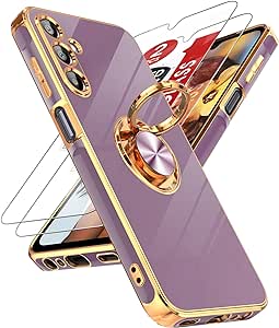 LeYi for Samsung Galaxy A15 5G Case: with Tempered Glass Screen Protector [2 Pack] 360° Rotatable Ring Holder Magnetic Kickstand, Plating Rose Gold Edge Samsung A 15 5G Case, Purple