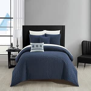 New York & Company Davina 5 Piece Comforter Set Geometric Hexagonal Pattern Design Bedding - Decorative Pillows Shams Included, King, Navy