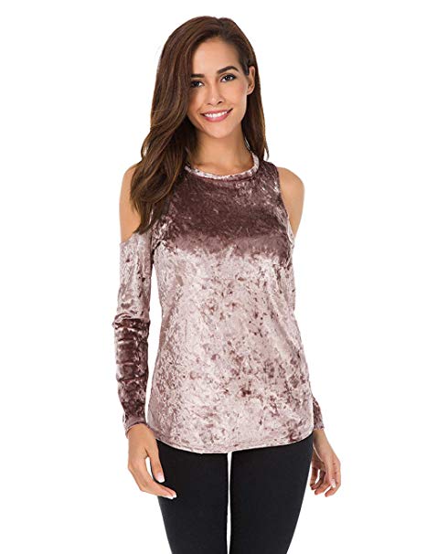 Womens Velvet Cold Shoulder Sweatshirt Pullover Tops Long Sleeves Sweater Loose Shirts Blouse