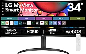 LG MyView Smart Monitor 34SR65QC, 34 Inch, Curved UltraWide, 1440p, 100Hz, 5ms, VA Display, HDR 10, webOS smart apps, Built-in Wifi & Bluetooth, HDMI