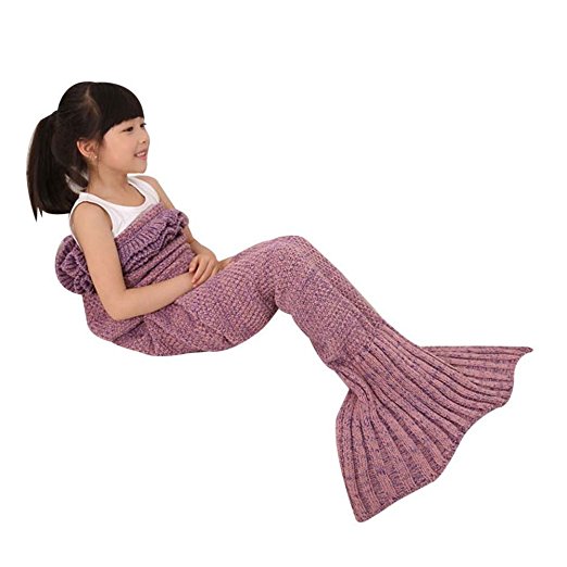 Mermaid Tail Blanket for Kids, OKAYSHOP Crochet Knitting Handcraft Sleeping Bag For Girls, All Seasons Warm Sofa Living room blanket, 135cmX65cm(53"x26") (Kids Pink)