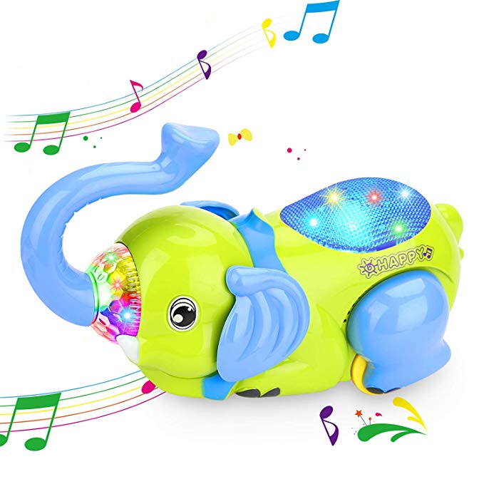 XREXS Musical Baby Toy,360°Tipping Bucket Elephant Car Toy, Crawl Elephant,Baby Sensory Toy,Toy Development ,Learning Electronics Toys for Girls Infant,Toddler Halloween Christmas Birthday Gift