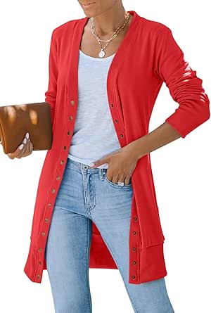 MEROKEETY Women's 2024 Fall Long Sleeve Snap Button Down Solid Color Knit Ribbed Neckline Cardigans