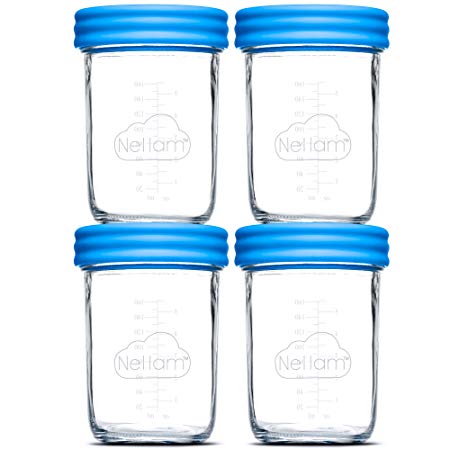 Nellam Baby Food Storage Containers - Leakproof, Airtight, Glass Jars for Freezing & Homemade Babyfood Prep - Reusable, BPA Free, 4 x 8oz Set, that is Microwave & Freezer Safe