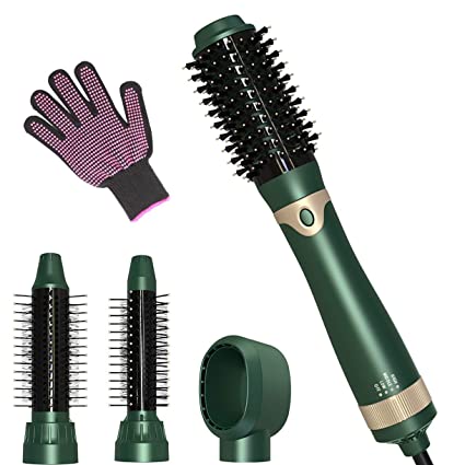 4 in 1 Hot Air Brush Hair Blow Dryer, One Step Hair Dryer & Volumizer, Curler Combo with Interchangeable Brush Head, Anti-scald Negative Ion Hair Straightener Brush, Low Noise Design (Avocado green)