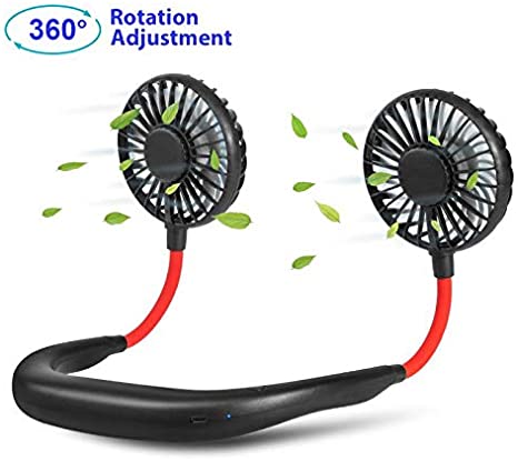 PROODI USB Neck Fan, Portable 2600mAh Rechargeable Hands Free Neckband Personal Fan with 3 Speeds for Travel, Outdoor, Office, Home, Sports