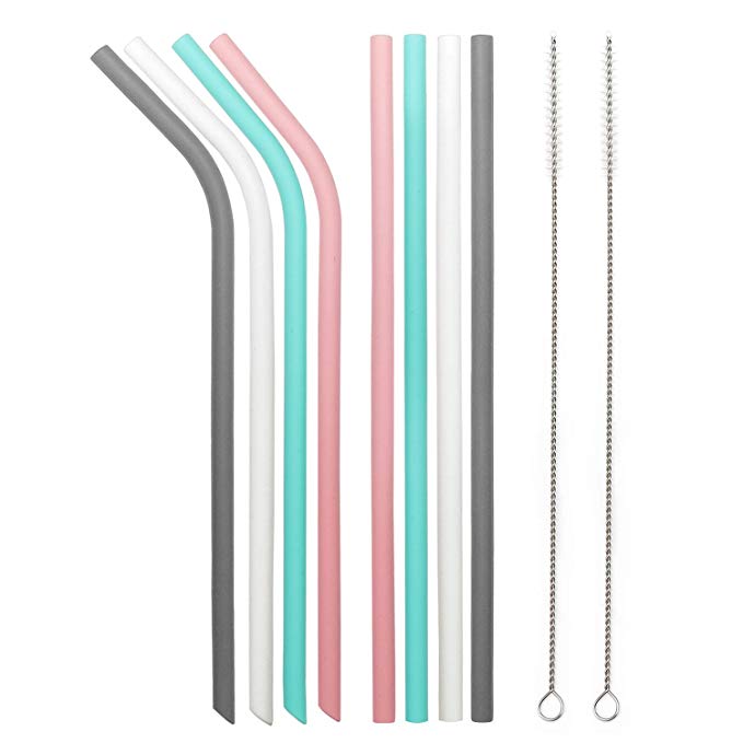 8 Reusable Silicone Drinking Straws Set, YIHONG 9.8 Inch Silicone Straws Regular Size For 20oz and 30oz Tumblers for Coffee Lemonade Cold Beverage(4 Straight|4 Bent|2 Brushes|1 Pouch)