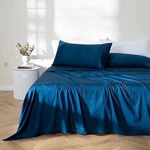 LA JOLIE MUSE 100% Cotton Sheets for Queen Size Bed, 300 Thread Count Luxury, Extra Soft, Cooling Bed Sheets, Deep Pocket Up to 15", 4 Pcs Double Satin Embroidery Bed Sheets (Queen, Navy Blue)