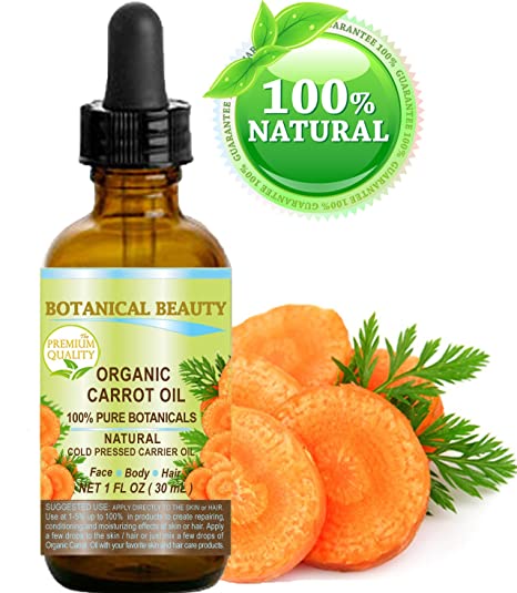 ORGANIC CARROT OIL 100% Natural/Pure Botanicals/Cold Pressed Carrier Oil 1 Fl. oz. -30 ml. For Face, Body, Hair and Nail Care. by Botanical Beauty