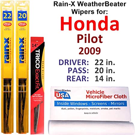 Rain-X WeatherBeater Wipers for 2009 Honda Pilot Set w/Rear Rain-X WeatherBeater Conventional Blades Wipers Set Bundled with MicroFiber Interior Car Cloth