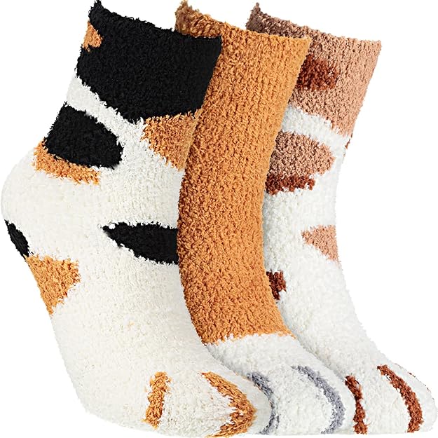 SATINIOR 3 Pairs Cat Claw Socks Cat Sleep Fluffy Socks Slipper Socks Winter Warm Socks for Women