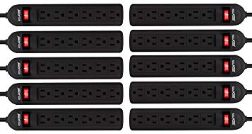 Digital Energy 10-Pack 6 Outlet Power Strip with 3 Foot Extension Cord, Black