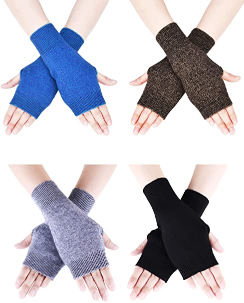 Tatuo 4 Pairs Cashmere Feel Fingerless Gloves with Thumb Hole Warm Gloves for Women and Men (Color Set 8)