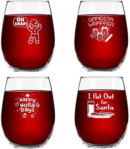 Christmas Puns Funny Stemless Wine Glasses (Set of 4)- 15 oz - Cheerful Holiday Party Cups- Naughty and Hilarious Gift Exchange Idea for Dirty Santa or White Elephant