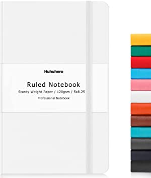 Huhuhero Notebook Journal, Classic Ruled Hard Cover, 120Gsm Premium Thick Paper with Fine Inner Pocket, Faux Leather for Journaling Writing Note Taking Diary and Planner, 5"×8.25"(1,White)