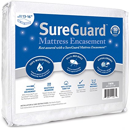 Twin (13-16 in. Deep) SureGuard Mattress Encasement - 100% Waterproof, Bed Bug Proof, Hypoallergenic - Premium Zippered Six-Sided Cover - 10 Year Warranty