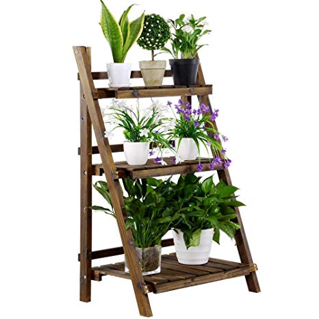 Yaheetech 3 Tier Folding Wooden Plant Stand Wood Organizer Flower Pot Stand Plant Display Shelf Rack Ladder Garden Indoors Outdoors 24’’ x 15’’ x 37"