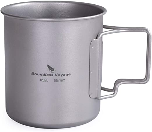 usharedo Titanium Coffee Mug Titanium Pots Titanium Cup with Foldable Handle Outdoor Camping Water Mug Tableware 14.3oz/420ml Ti1518B