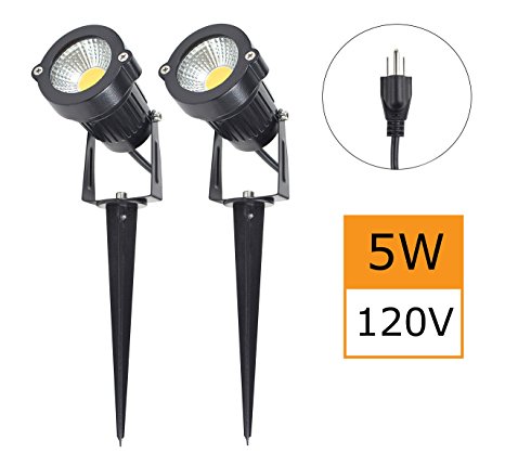 J.LUMI GSS60052 LED Spotlight 5W, 120V AC, 3000K Warm White, Outdoor Use, Metal Ground Stake, Garden Light, Outdoor Spotlight, UL listed 3-ft Cord with Plug (Pack of 2)