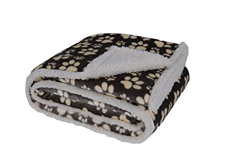 Longrich Flannel Paw Print & Ultra Soft Sherpa Throw Blanket, 50" W X 60" W, Grey with Brown Paw Print