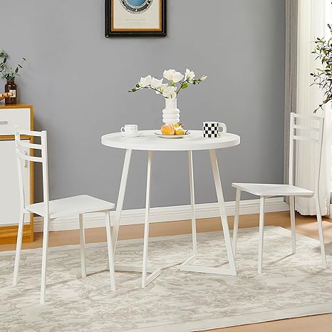 VECELO Small Round Dining Table Set for 2, Wood Tabletop with Strong Metal Frame, Modern Dinette with Chairs for Kitchen, Breakfast Nook Living Room, Pure White