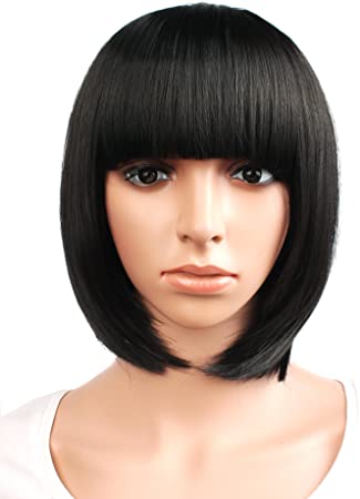 MapofBeauty Popular Short Straight Wigs Flat Bangs Wigs-Black-Lady