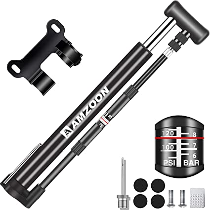 AMZOON Bike Pump Mini Bicycle Pump with Pressure Gauge Cycle Pump with 250mm Extra Long Hose Bike Accessories Fits Manual or Pedal Air Pump Adopt Presta & Schrader Valves
