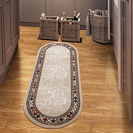 Antep Rugs Alfombras Modern Bordered 2x5 Non-Skid (Non-Slip) Low Profile Pile Rubber Backing Kitchen Area Rugs (Beige, 2' x 5' Oval)