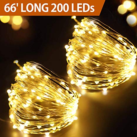 Bright Zeal 66' Ft 200 LED Christmas Fairy Lights Battery Operated Warm White Fairy Lights Silver Wire With Timer -Indoor Outdoor Waterproof Battery Powered Christmas String Lights For Christmas Trees