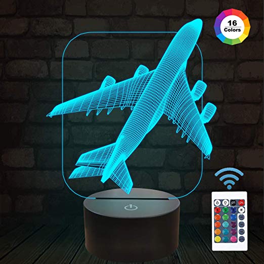 Aircraft Airplane 3D Night Light Kids Bedside Lamp 16 Colors Changing with Remote Control Xmas Halloween Birthday Gift for Child Baby Boy